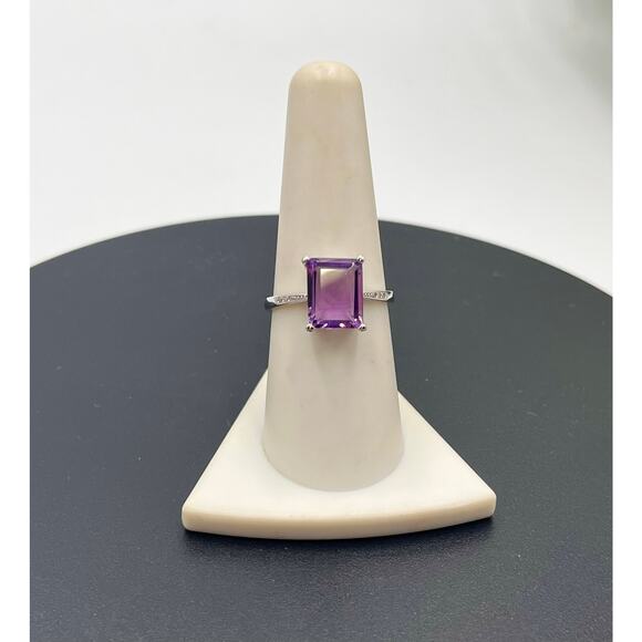 V925 Four Prong Set Emerald Cut Amethyst and Cz Accent Sterling Ring Sz 8.25 - Picture 2 of 10